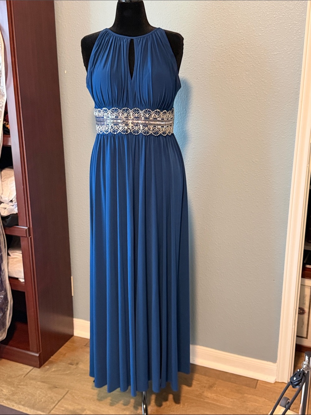 R&M Richards Blue Halter Maxi Dress with Beaded Waistband